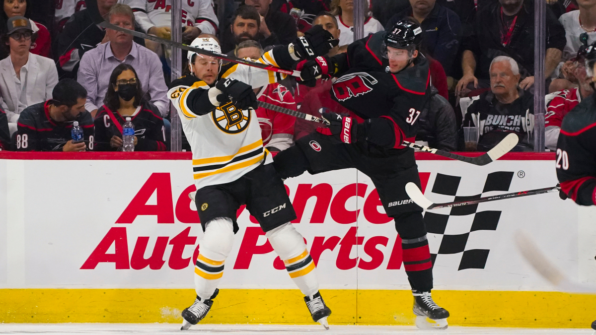 Boston Bruins center Erik Haula and Carolina Hurricanes forward Andrei Svechnikov