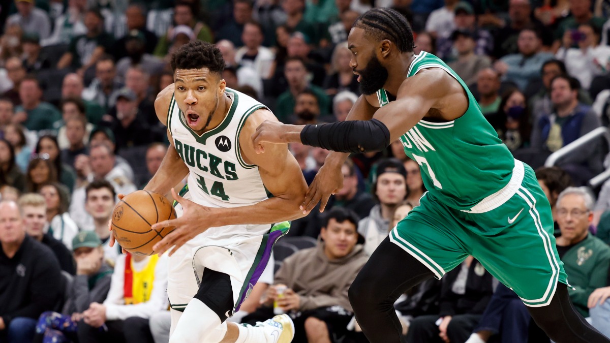 Milwaukee Bucks forward Giannis Antetokounmpo, Boston Celtics guard Jaylen Brown