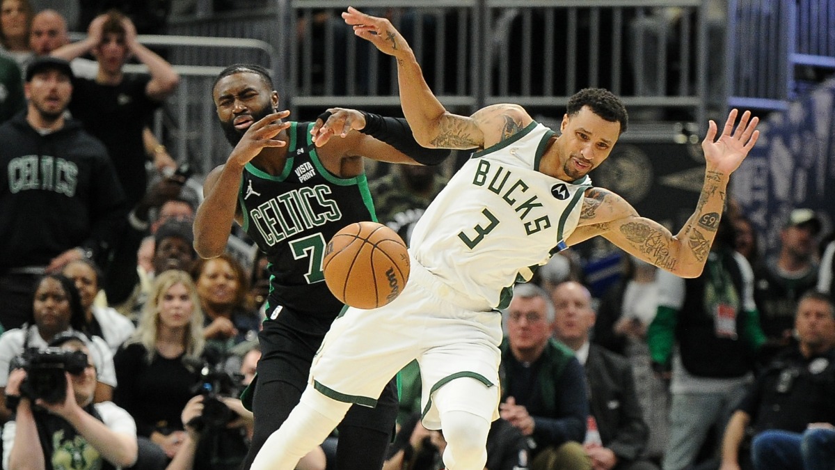 Boston Celtics guard Jaylen Brown, Milwaukee Bucks guard George Hill