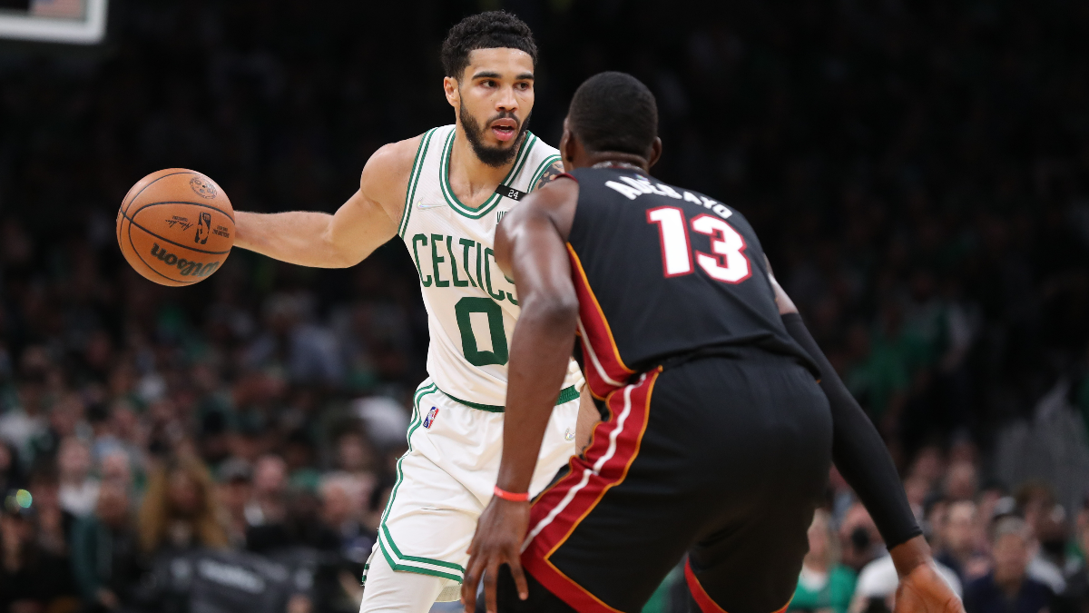 Boston Celtics forward Jayson Tatum and Miami Heat forward Bam Adebayo