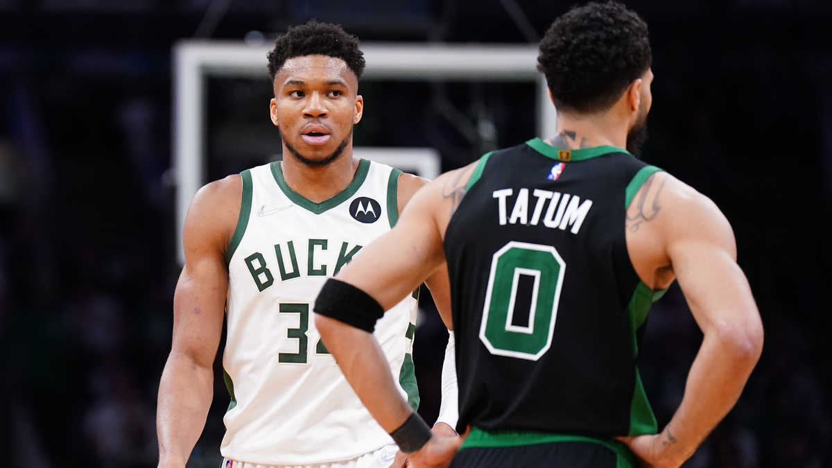 Milwaukee Bucks forward Giannis Antetokounmpo and Boston Celtics forward Jayson Tatum