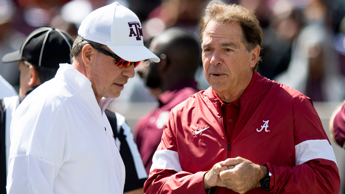 Texas A&M head football coach Jimbo Fisher and Alabama head football coach Nick Saban