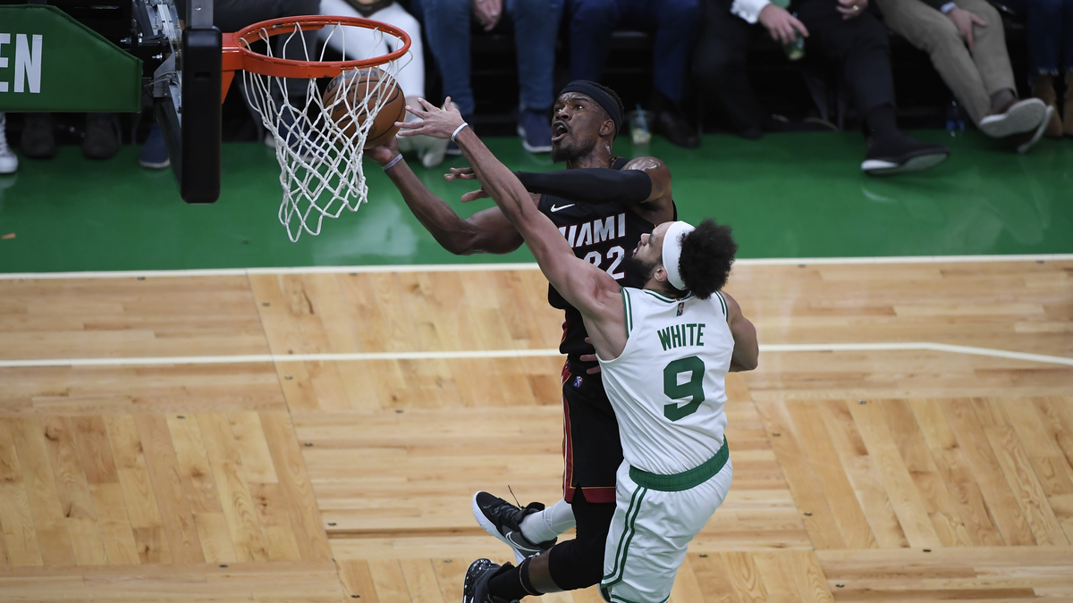 Miami Heat forward Jimmy Butler and Boston Celtics guard Derrick White