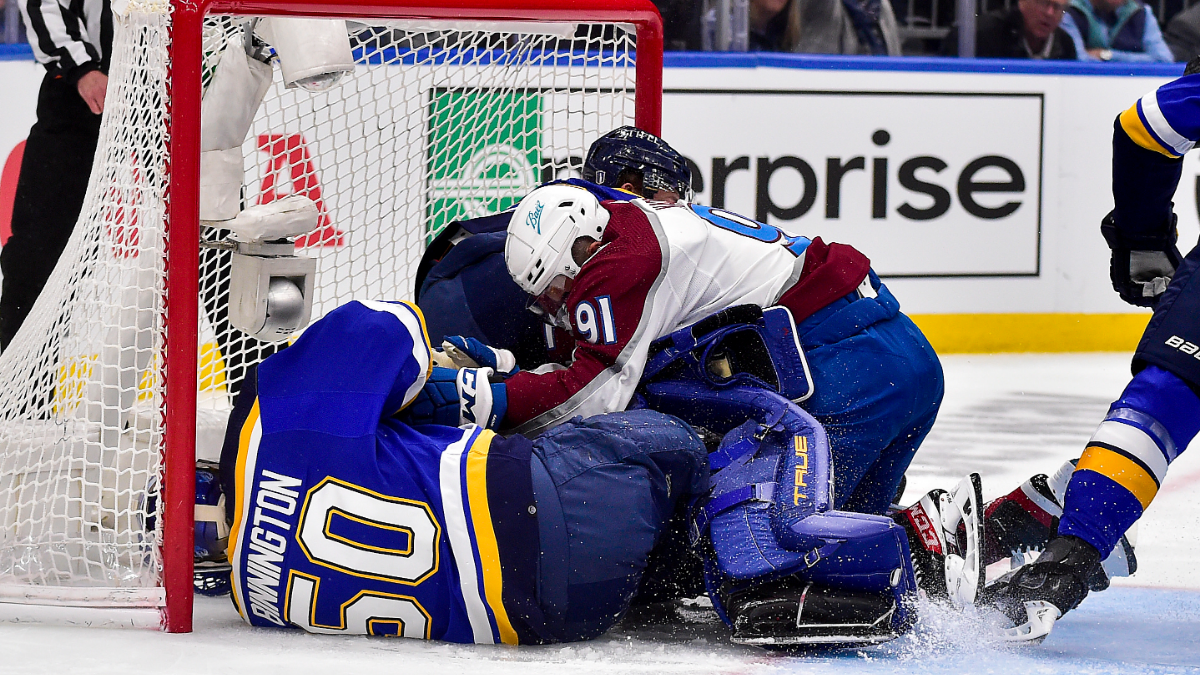 St. Louis Blues goalie Jordan Binnington and Colorado Avalanche center Nazem Kadri
