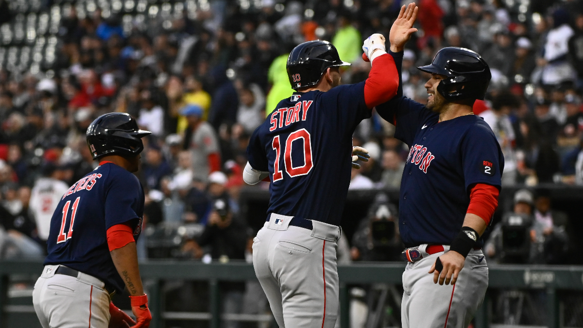 Boston Red Sox infielder Trevor Story and designated hitter J.D. Martinez