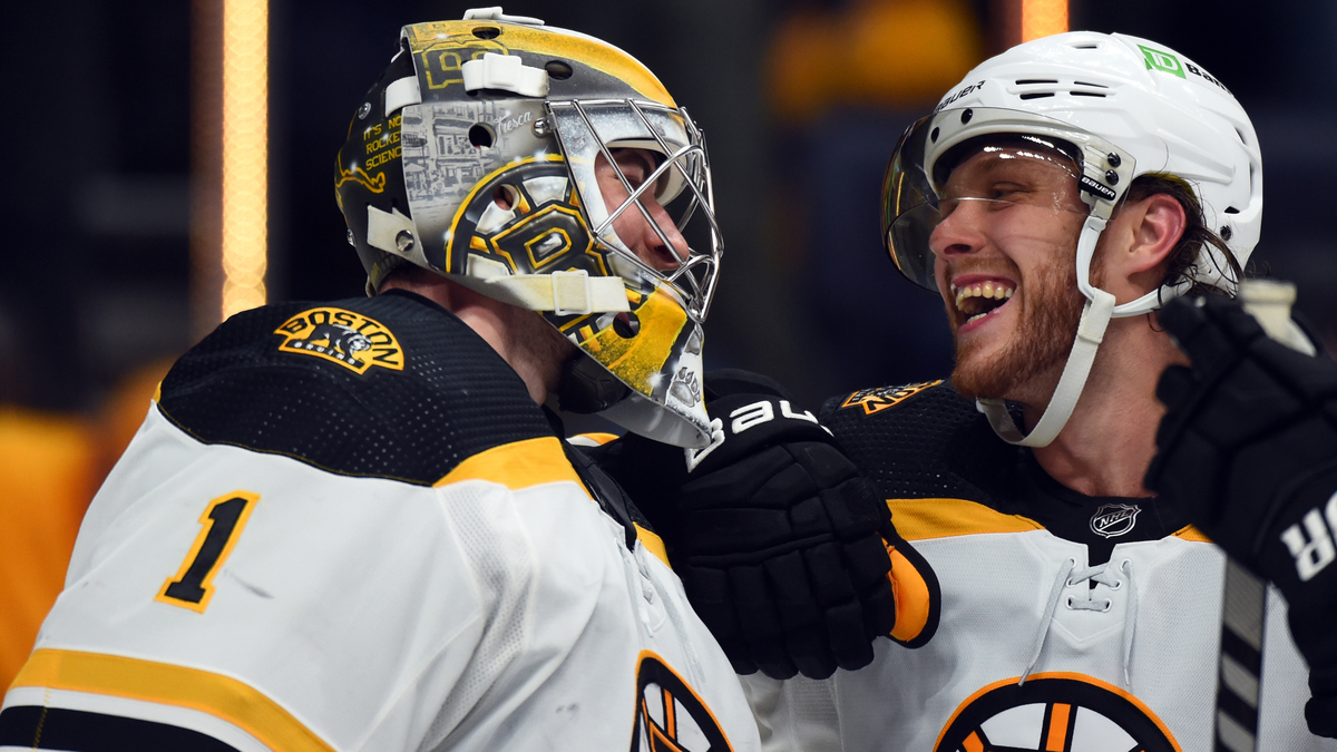 Boston Bruins goalie Jeremy Swayman, forward David Pastrnak