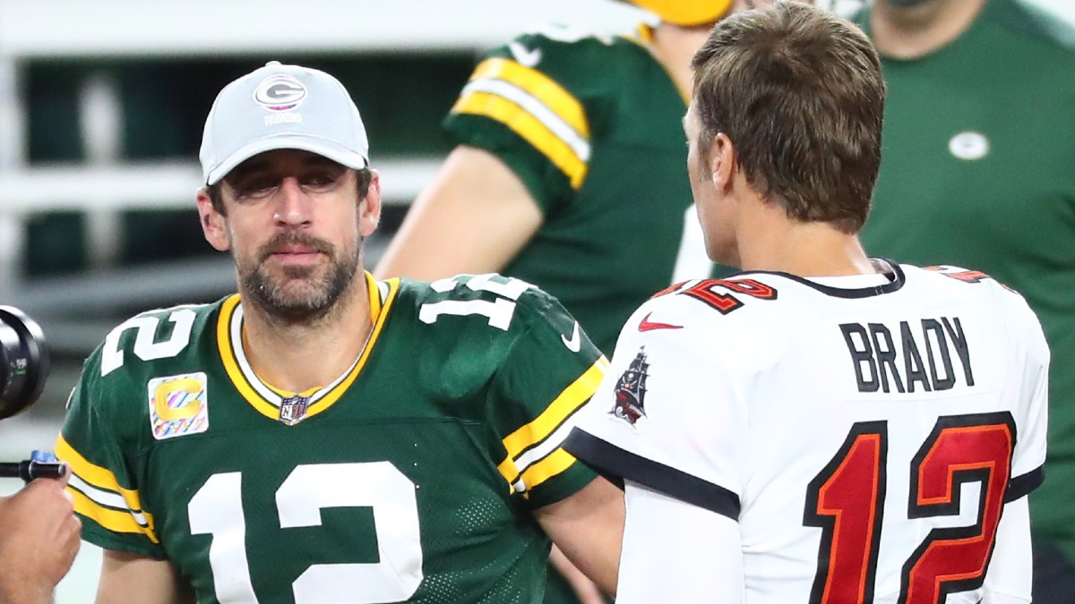 Tampa Bay Buccaneers quarterback Tom Brady, Green Bay Packers Aaron Rodgers
