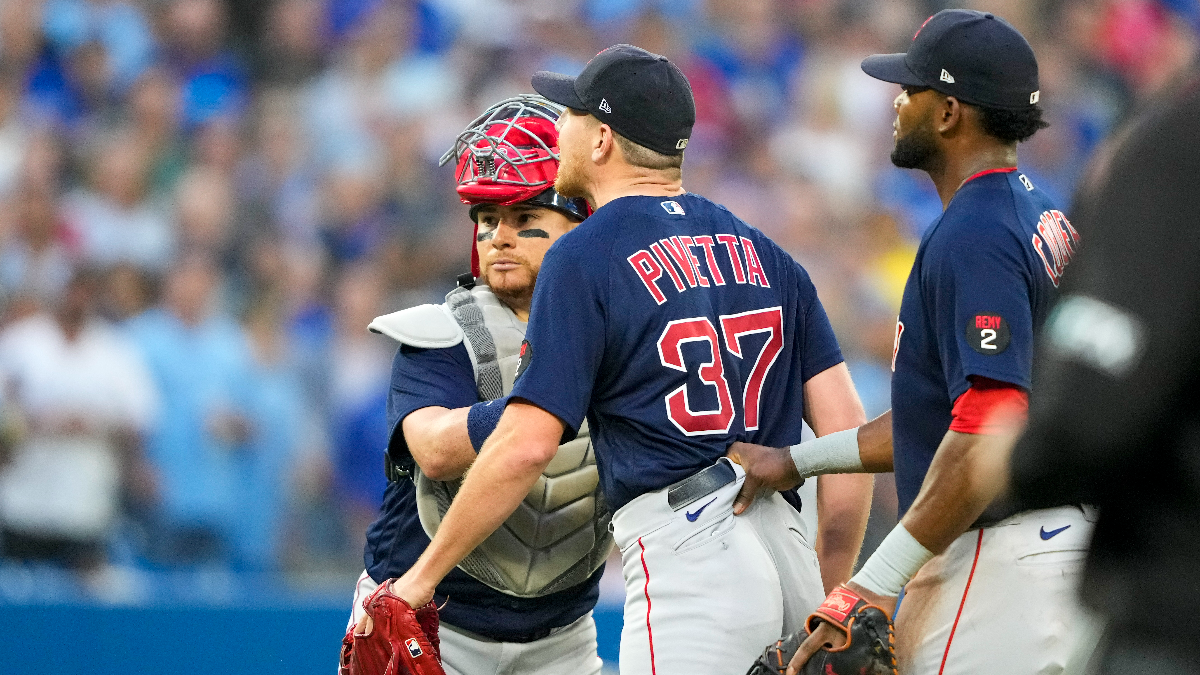 Boston Red Sox catcher Christian Vázquez and pitcher Nick Pivetta