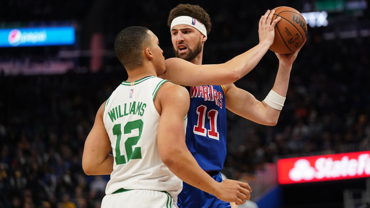 Boston Celtics forward Grant Williams and Golden State Warriors forward Klay Thompson
