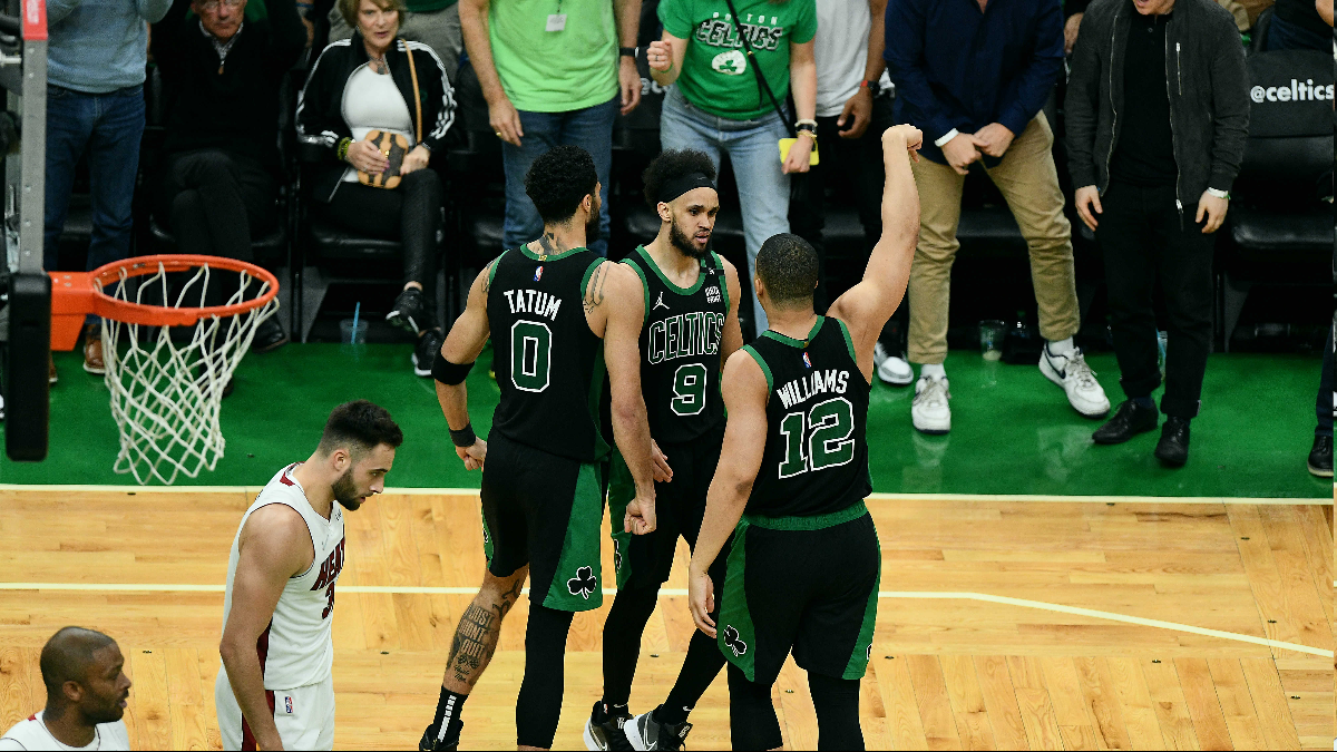 Boston Celtics forward Jayson Tatum, guard Derrick White and forward Grant Williams