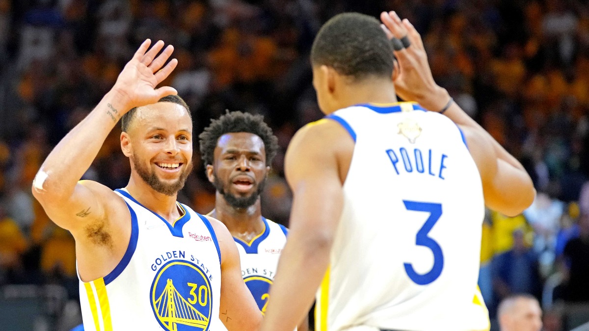 Golden State Warriors guard Stephen Curry, guard Jordan Poole
