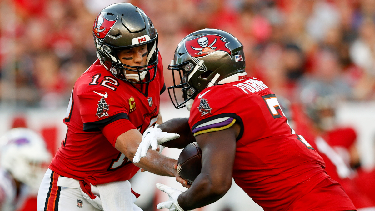 Tampa Bay Buccaneers quarterback Tom Brady and running back Leonard Fournette