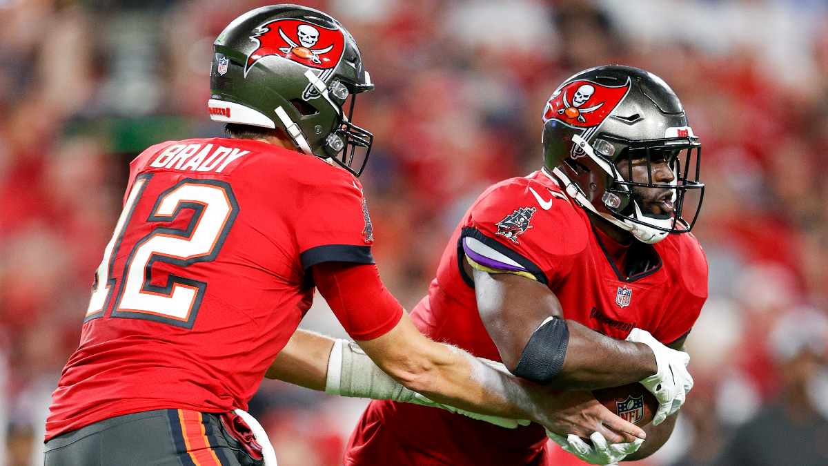 Tampa Bay Buccaneers quarterback Tom Brady and running back Leonard Fournette