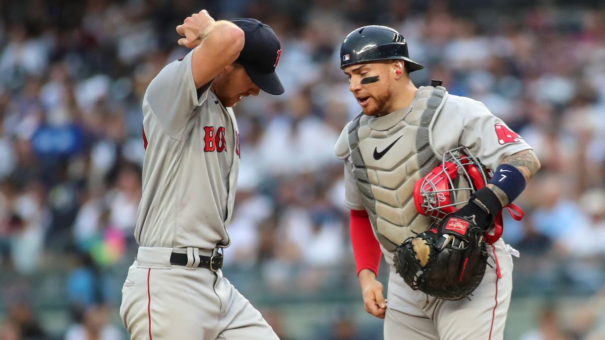 Boston Red Sox pitcher Nick Pivetta and catcher Christian Vázquez