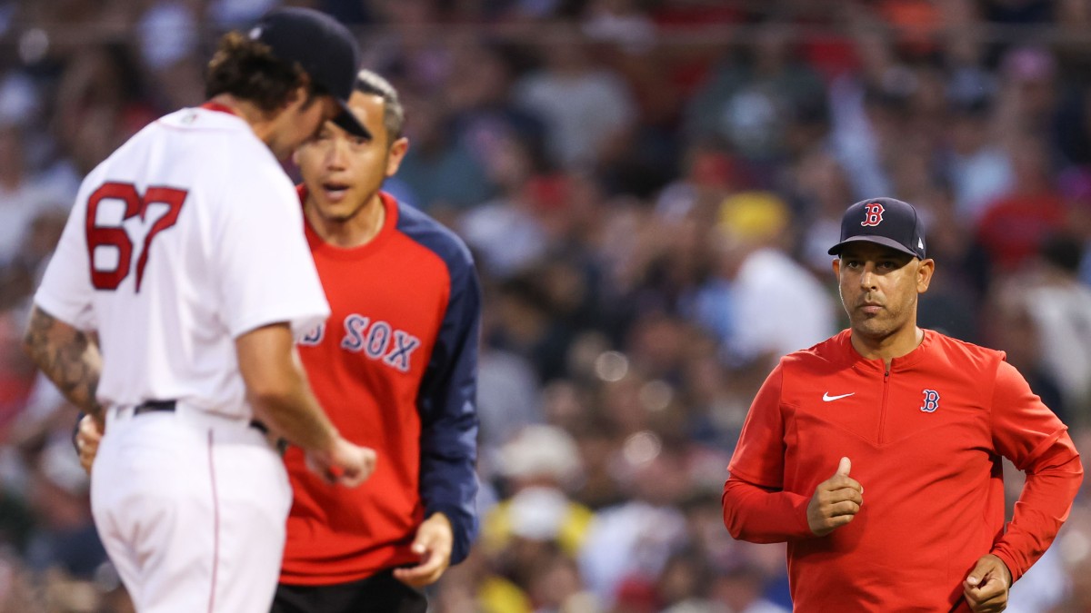 Boston Red Sox pitcher Connor Seabold, manager Alex Cora