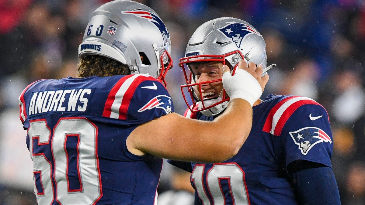 New England Patriots offensive lineman David Andrews, quarterback Mac Jones