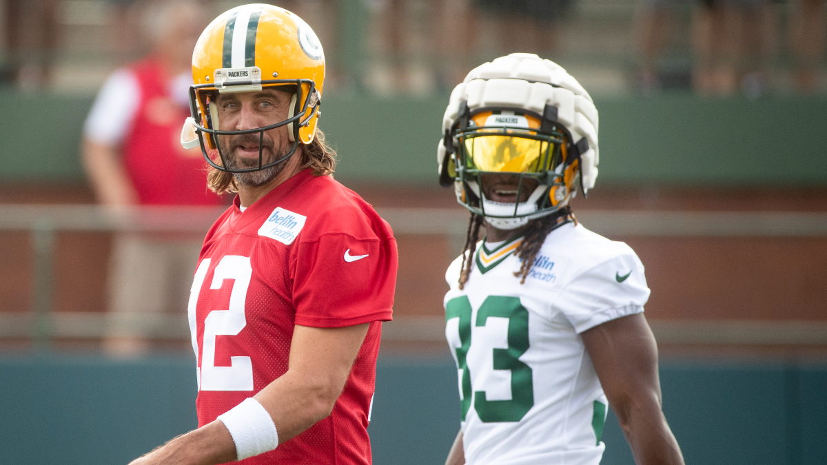Green Bay Packers quarterback Aaron Rodgers, running back Aaron Jones