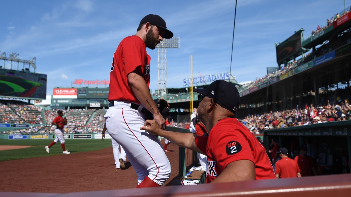Boston Red Sox reliever Austin Davis, manager Alex Cora