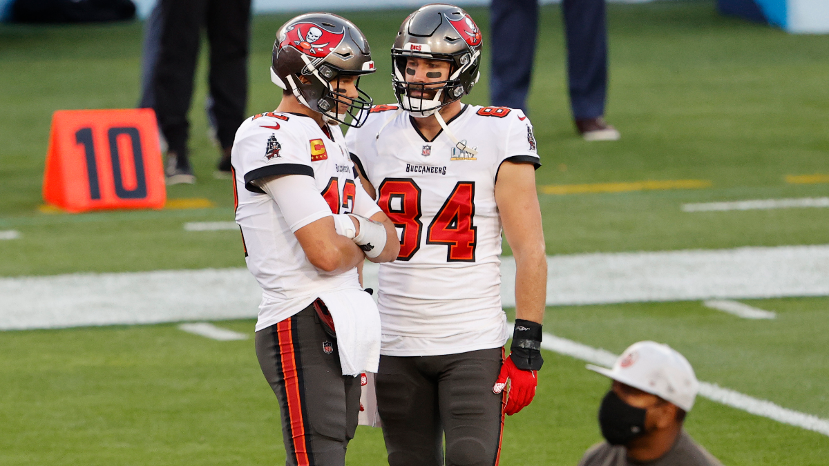 Tampa Bay Buccaneers quarterback Tom Brady and tight end Cameron Brate
