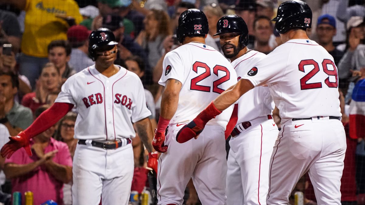 Red Sox outfielder Tommy Pham along with Rafael Devers, Jaylin Davis and Bobby Dalbec