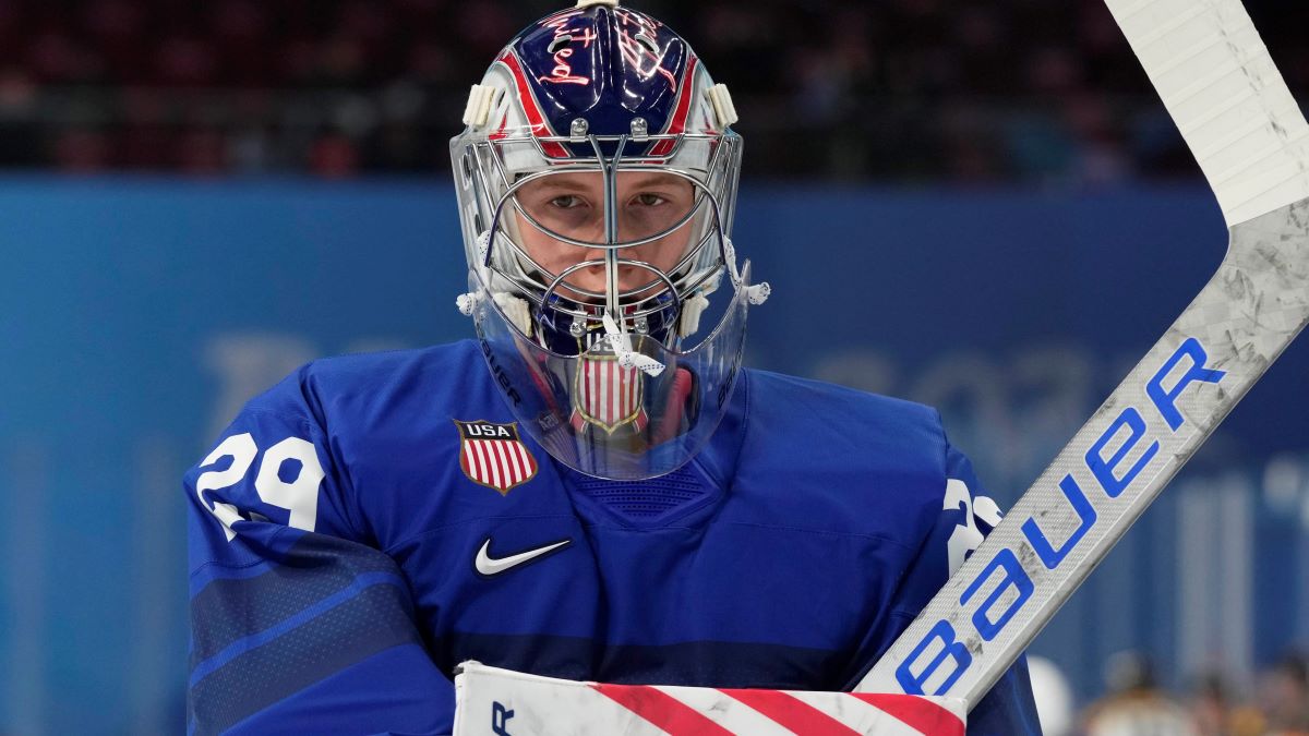 Boston University goalie Drew Commesso