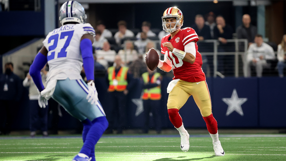 Dallas Cowboys safety Jayron Kearse and San Francisco 49ers quarterback Jimmy Garoppolo