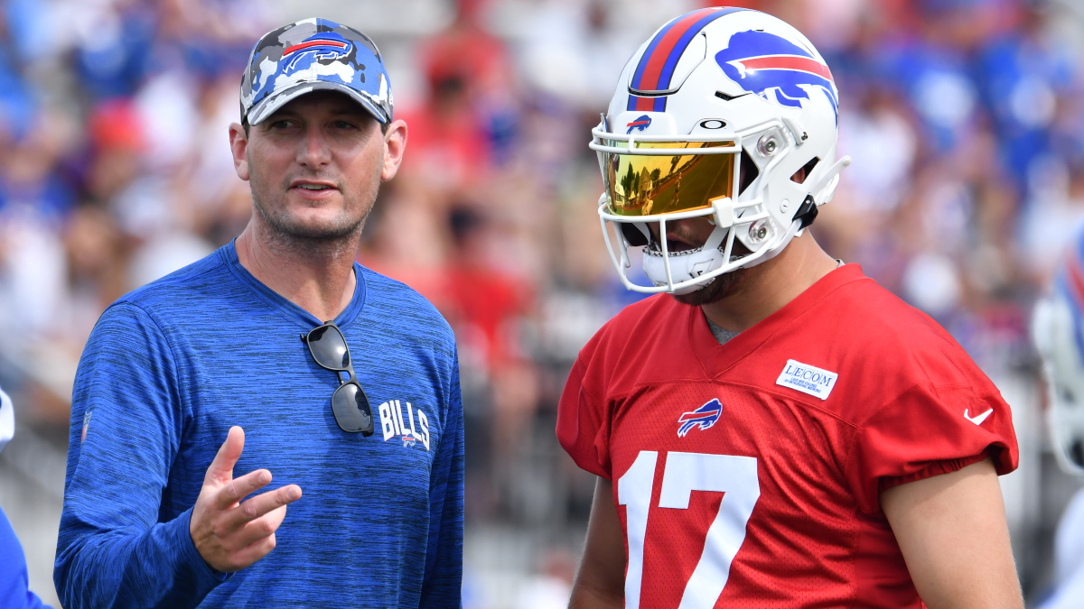 Buffalo Bills offensive coordinator Ken Dorsey and quarterback Josh Allen