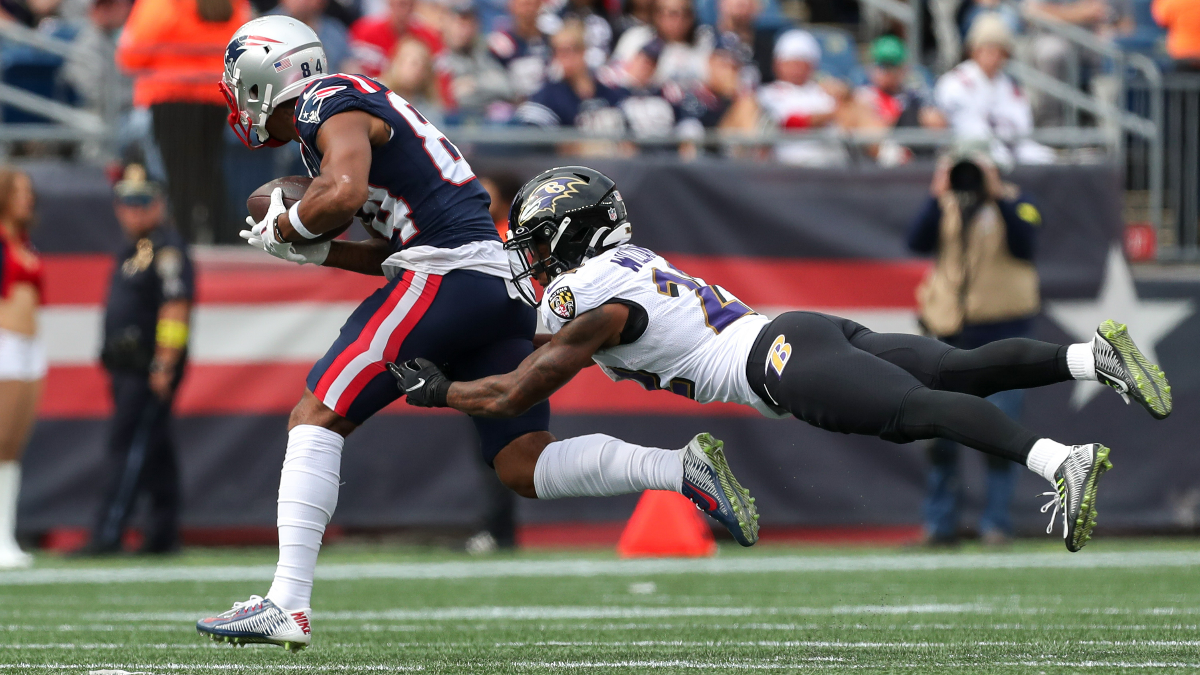 New England Patriots wide receiver Kendrick Bourne and Baltimore Ravens cornerback Damarion Williams