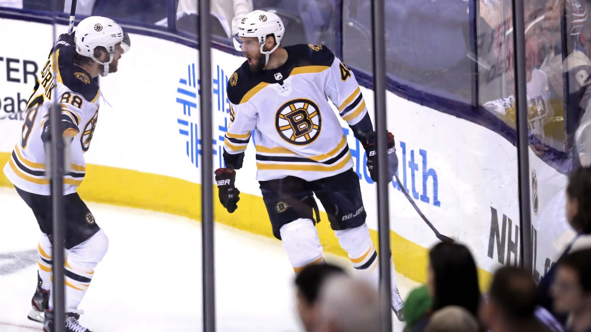 Boston Bruins forward David Pastrnak, center David Krejci