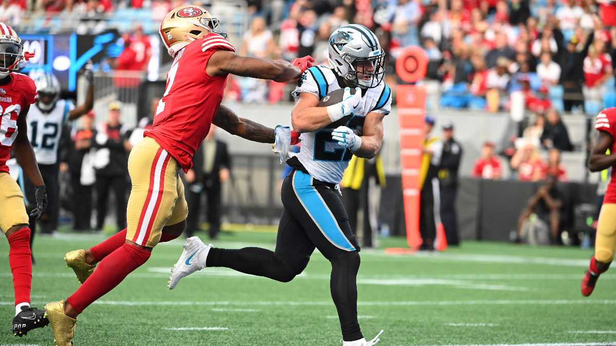 San Francisco 49ers cornerback Charvarius Ward and Carolina Panthers running back Christian McCaffrey