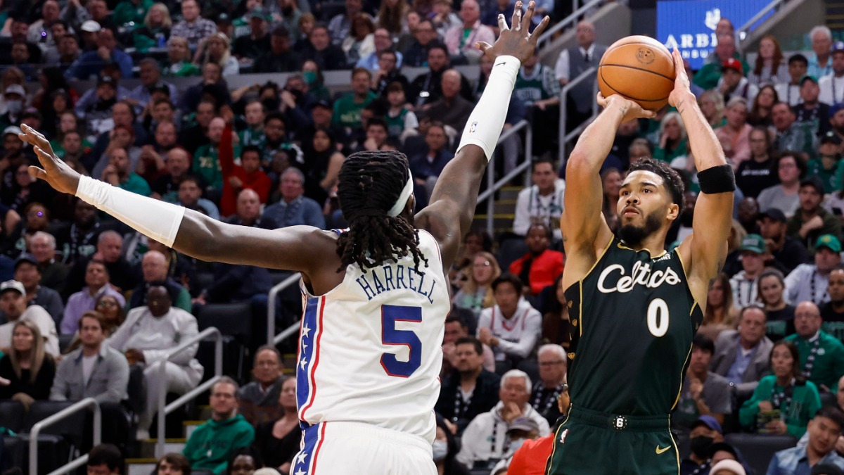 Boston Celtics forward Jayson Tatum, Philadelphia 76ers center Montrezl Harrell
