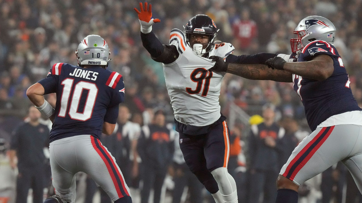New England Patriots quarterback Mac Jones and Chicago Bears defensive end Dominique Robinson