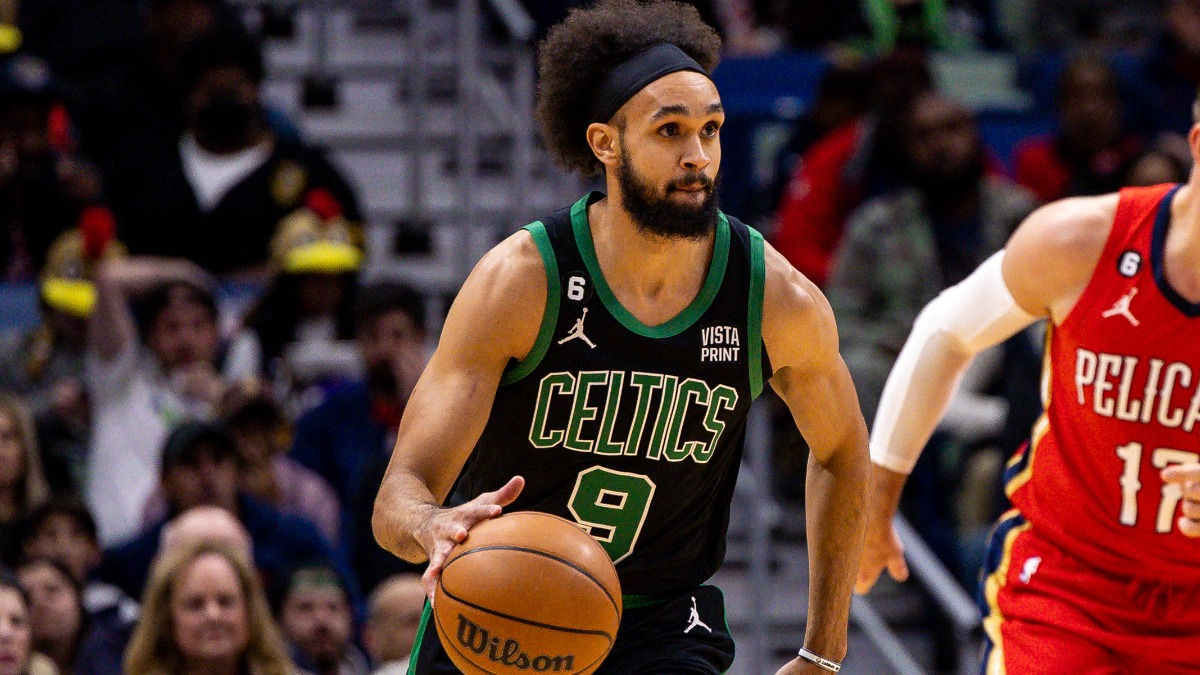 Boston Celtics guard Derrick White and Atlanta Hawks guard Trae Young