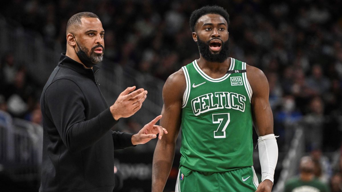 Former Boston Celtics coach Ime Udoka and Celtics forward Jaylen Brown