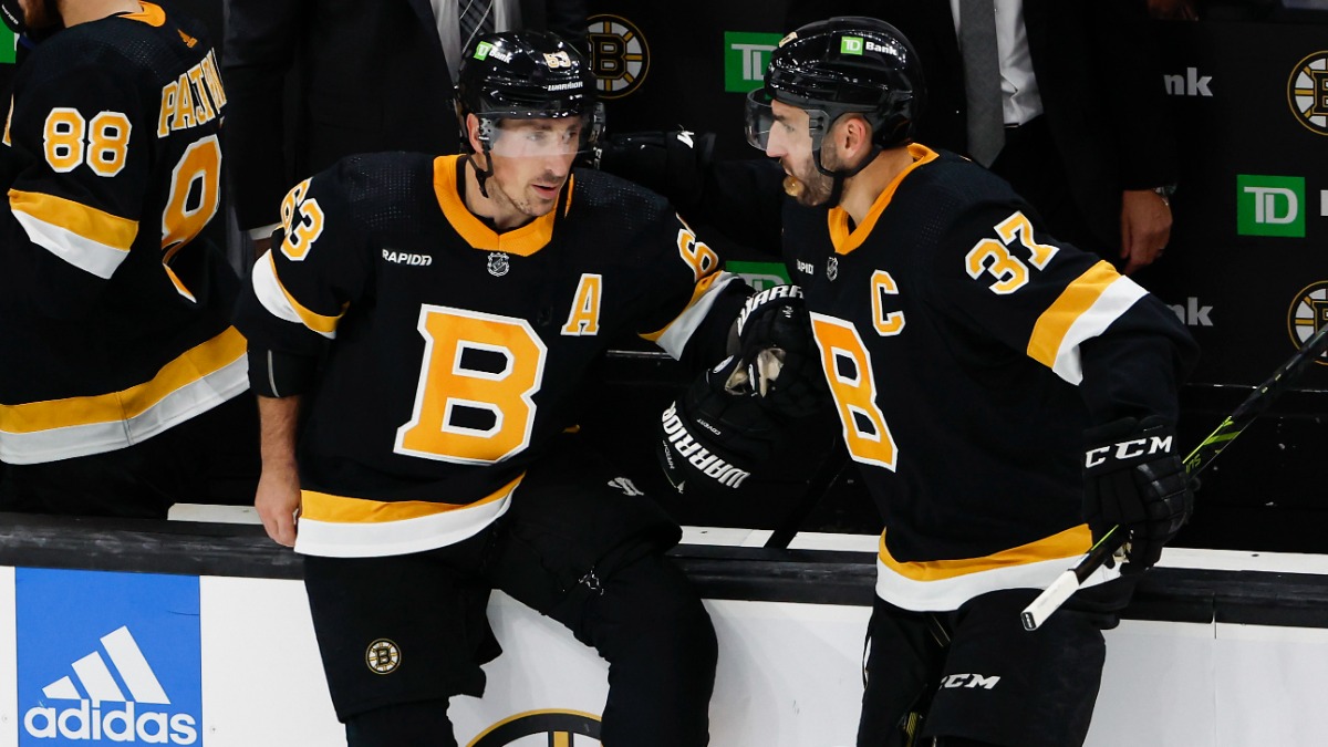 Boston Bruins center Patrice Bergeron, left wing Brad Marchand