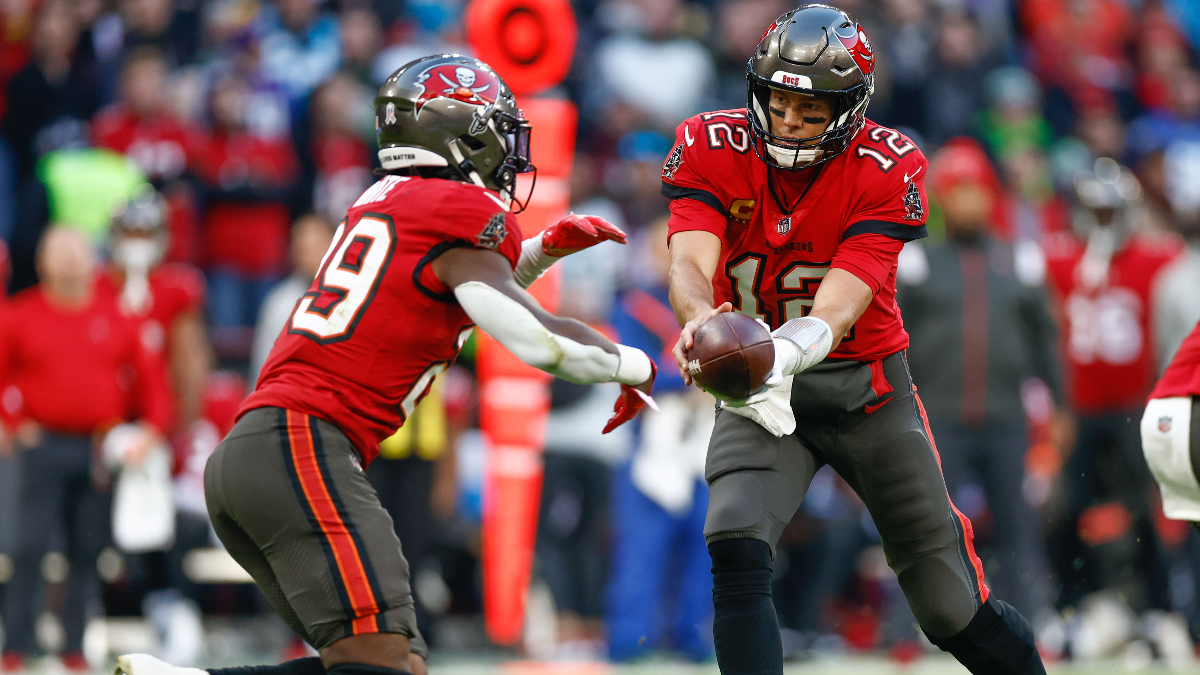 Tampa Bay Buccaneers running back Rachaad White and quarterback Tom Brady
