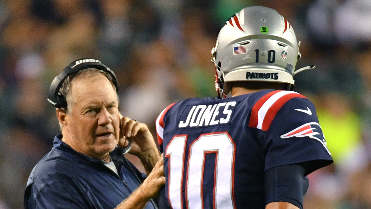 Patriots head coach Bill Belichick and quarterback Mac Jones