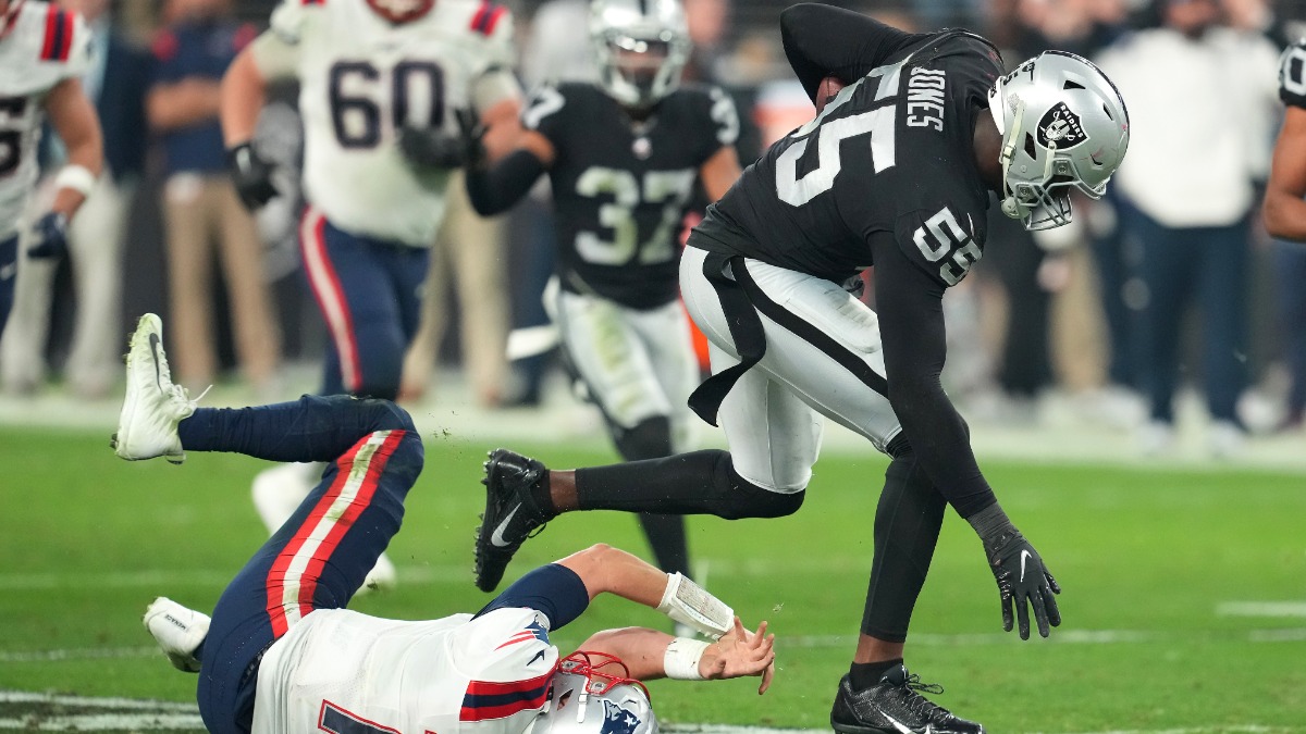 Las Vegas Raiders pass rusher Chandler Jones and New England Patriots quarterback Mac Jones