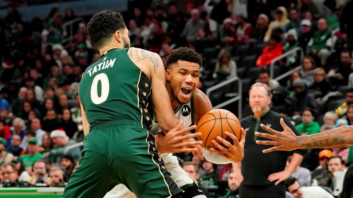 Milwaukee Bucks forward Giannis Antetokounmpo and Boston Celtics forward Jayson Tatum