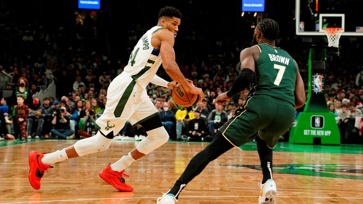 Boston Celtics guard Jaylen Brown and Milwaukee Bucks forward Giannis Antetokounmpo