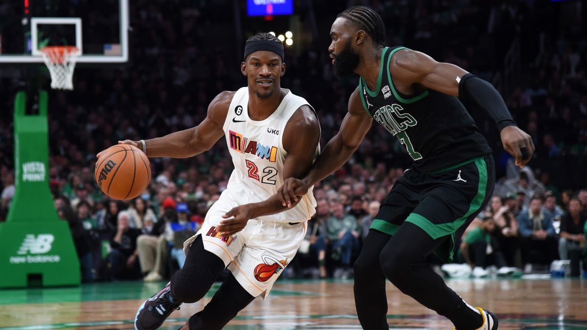 Miami Heat forward Jimmy Butler and Boston Celtics guard Jaylen Brown