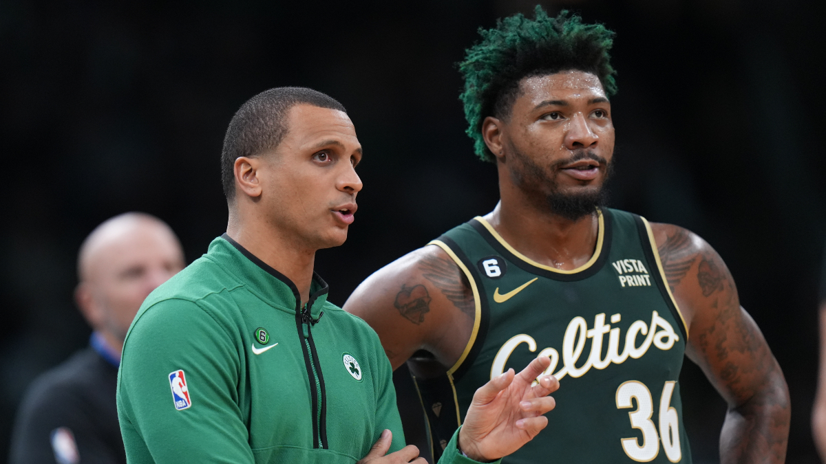 Boston Celtics interim head coach Joe Mazzulla and guard Marcus Smart