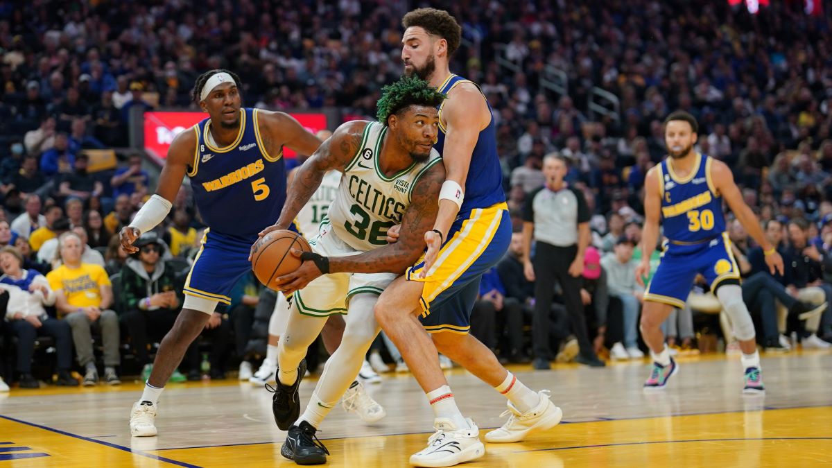 Boston Celtics guard Marcus Smart and Golden State Warriors forward Klay Thompson