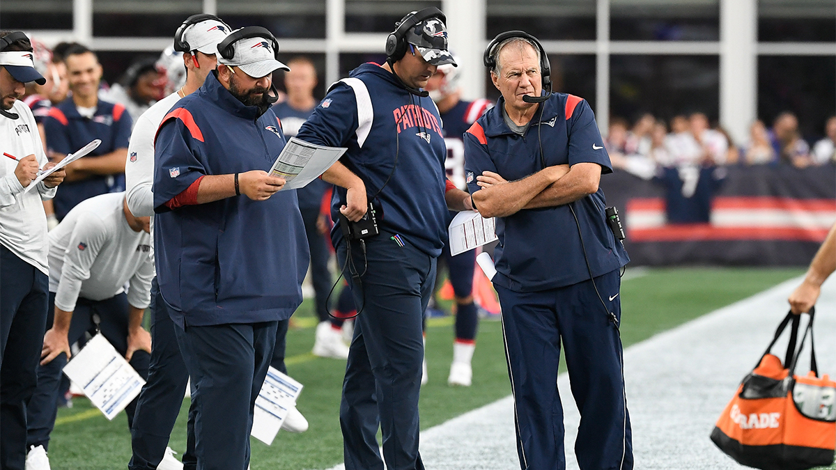 New England Patriots coaches Matt Patricia, Bill Belichick, and Joe Judge