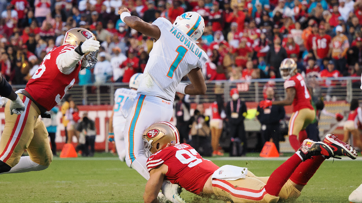 Miami Dolphins quarterback Tua Tagovailoa and San Francisco 49ers defensive end Nick Bosa