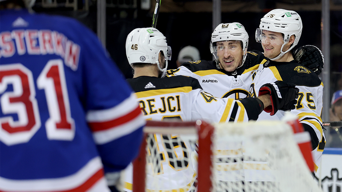 Boston Bruins forwards Brad Marchand and David Krejci and defenseman Connor Clifton