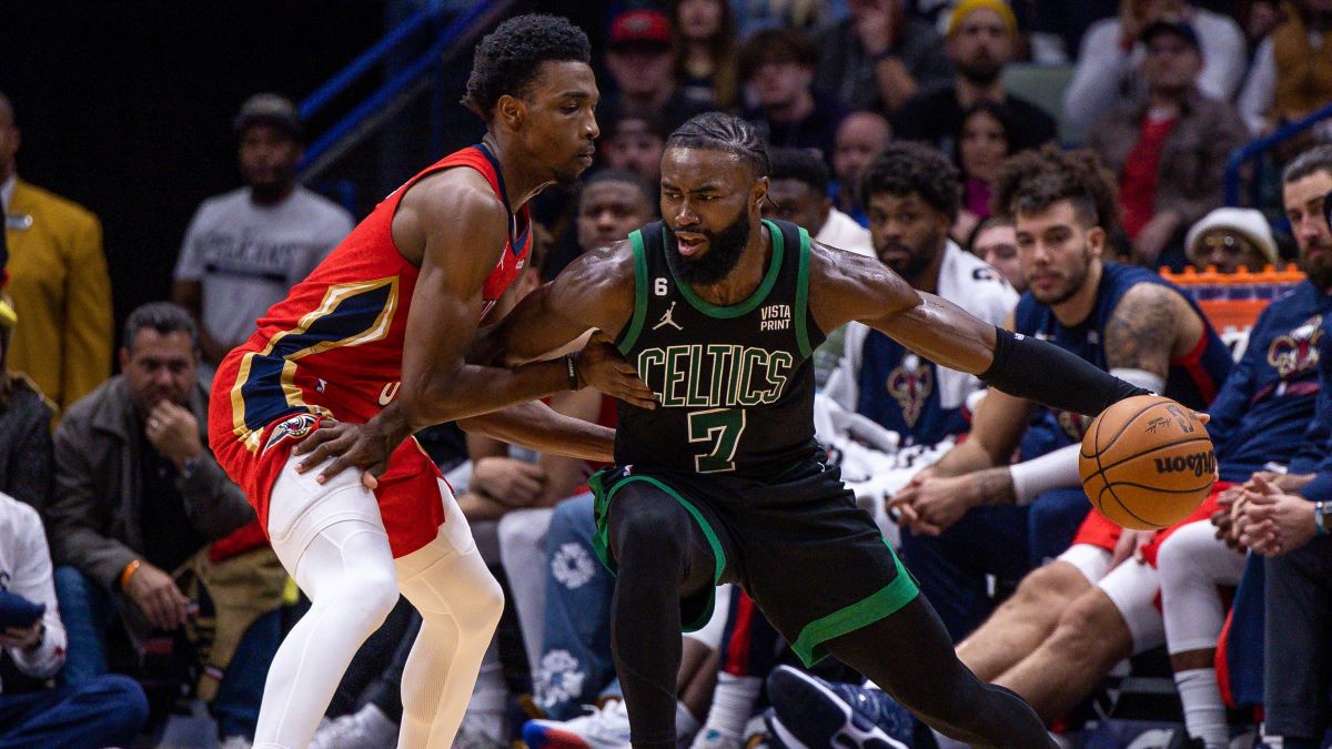 New Orleans Pelicans forward Herbert Jones and Boston Celtics guard Jaylen Brown