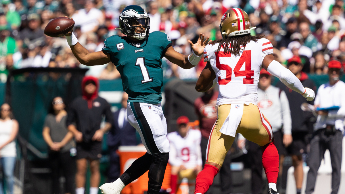 Philadelphia Eagles quarterback Jalen Hurts, San Francisco 49ers linebacker Fred Warenr