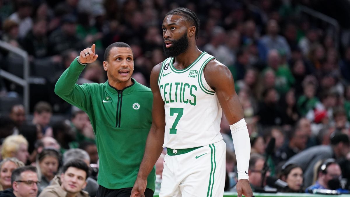 Boston Celtics guard Jaylen Brown and interim head coach Joe Mazzulla