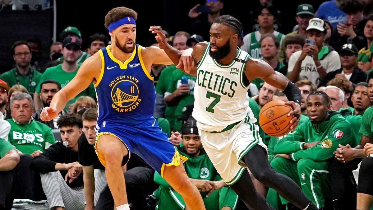 Boston Celtics guard Jaylen Brown and Golden State Warriors forward Klay Thompson